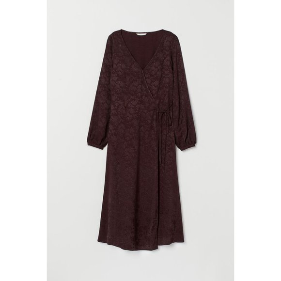 H&M Size 6 Plum Wine Jacquard Weave True Wrap Long Sleeve Wrap Midi Dress - Picture 2 of 10
